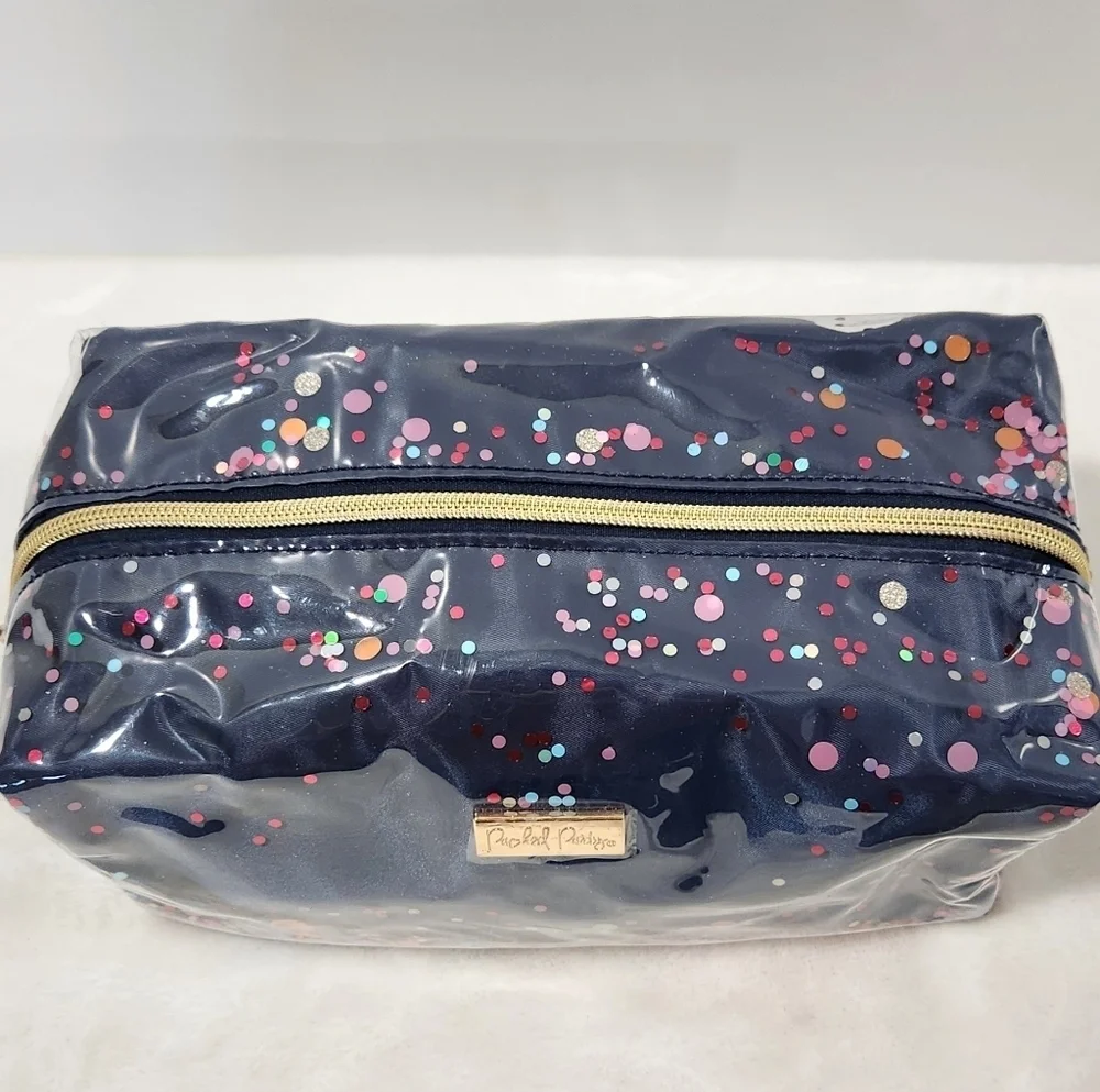 Packed Party Confetti Navy Blue Everyday Essentials Vanity Cosmetic Bag NWOT